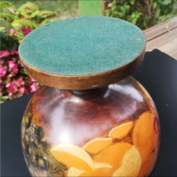 Vintage Wooden Fruit Painted Pedestal Bowl, 7.5" Tall and A Money Pod Wood Apple - Picture 9 of 9